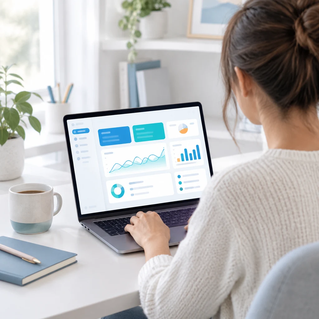 Freelancer working on a laptop with a clean dashboard on screen