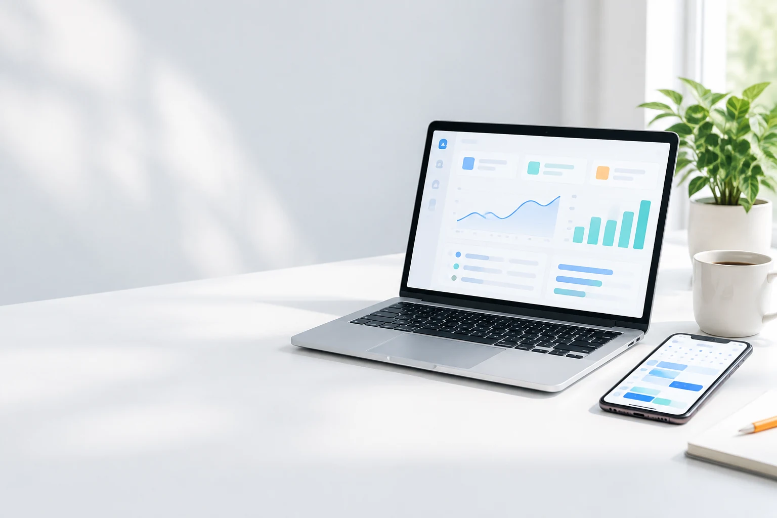Laptop with an invoicing dashboard and a phone with a booking calendar on a bright desk