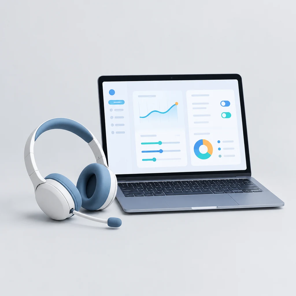 Headset beside a laptop showing settings