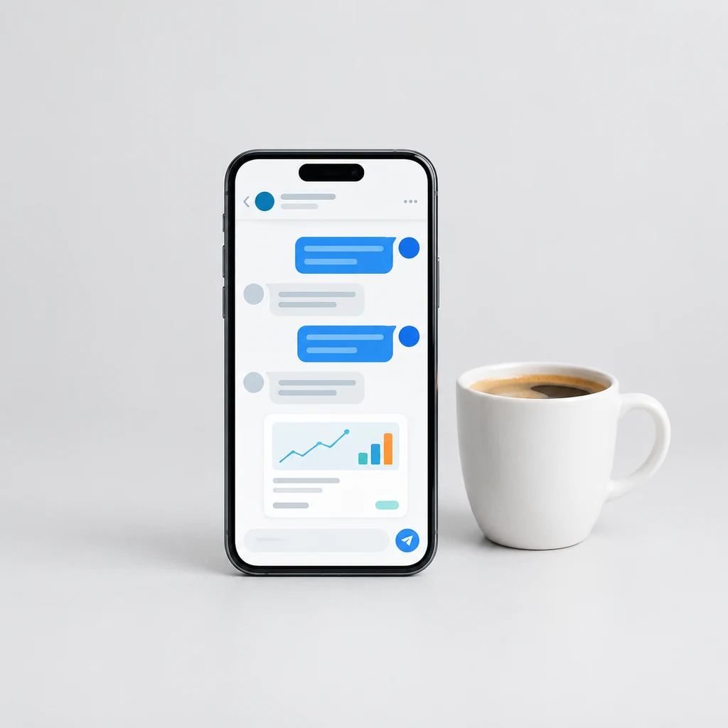 Smartphone showing a support chat beside a coffee cup