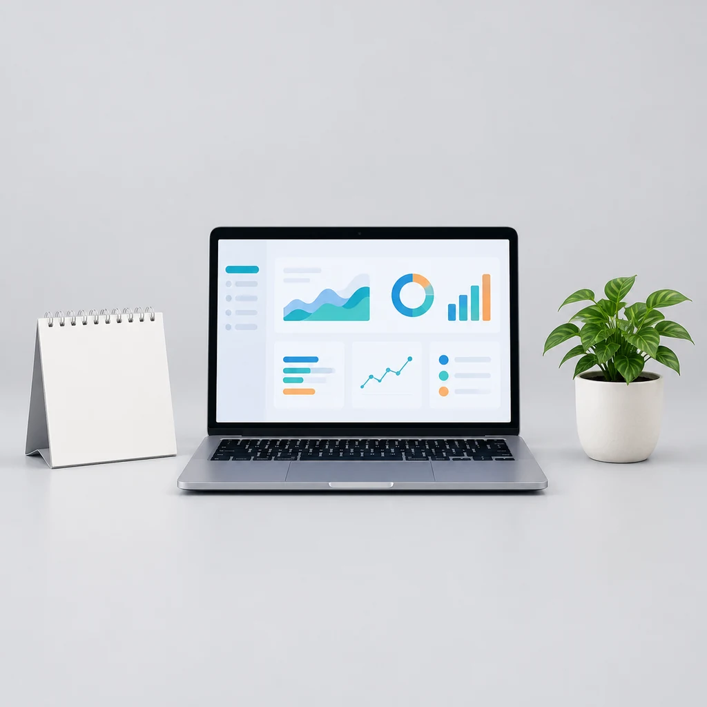 Laptop with a dashboard beside a desk calendar