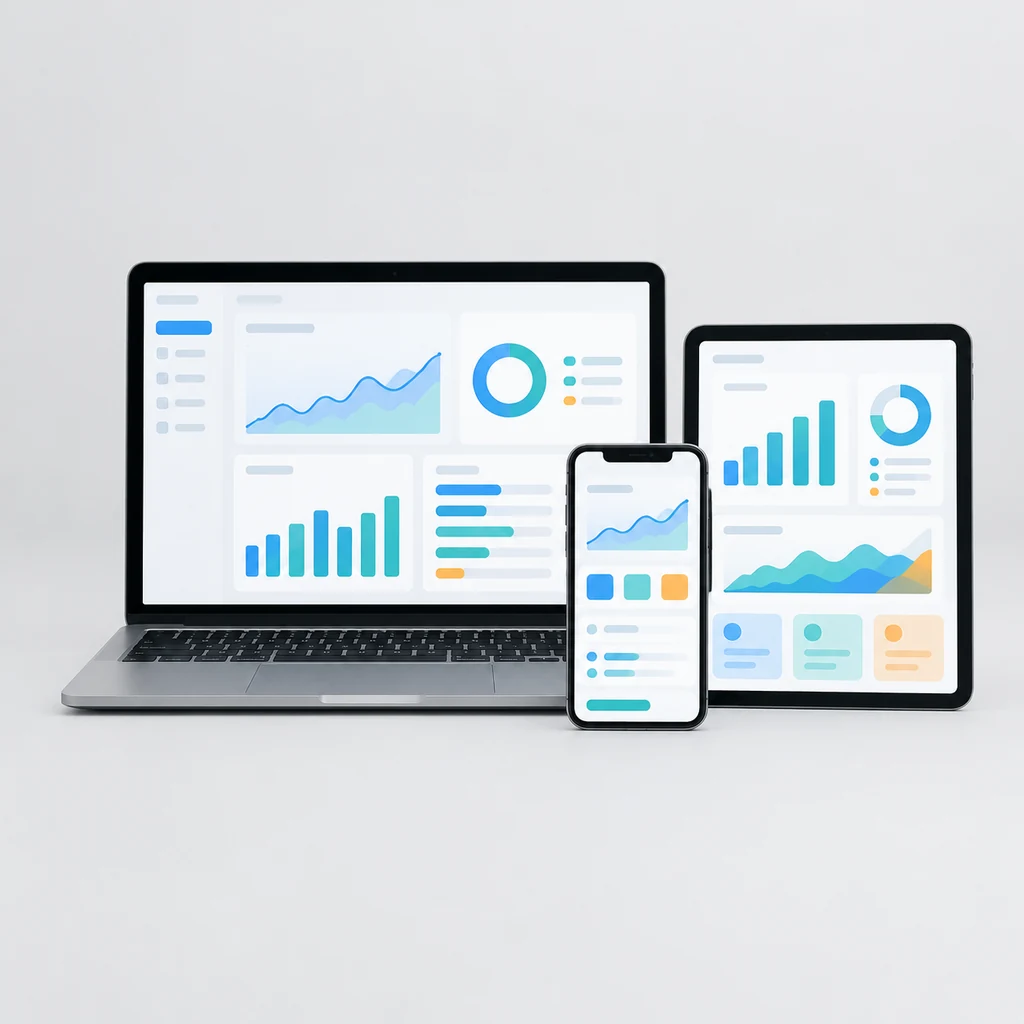 Laptop, phone and tablet showing connected dashboards